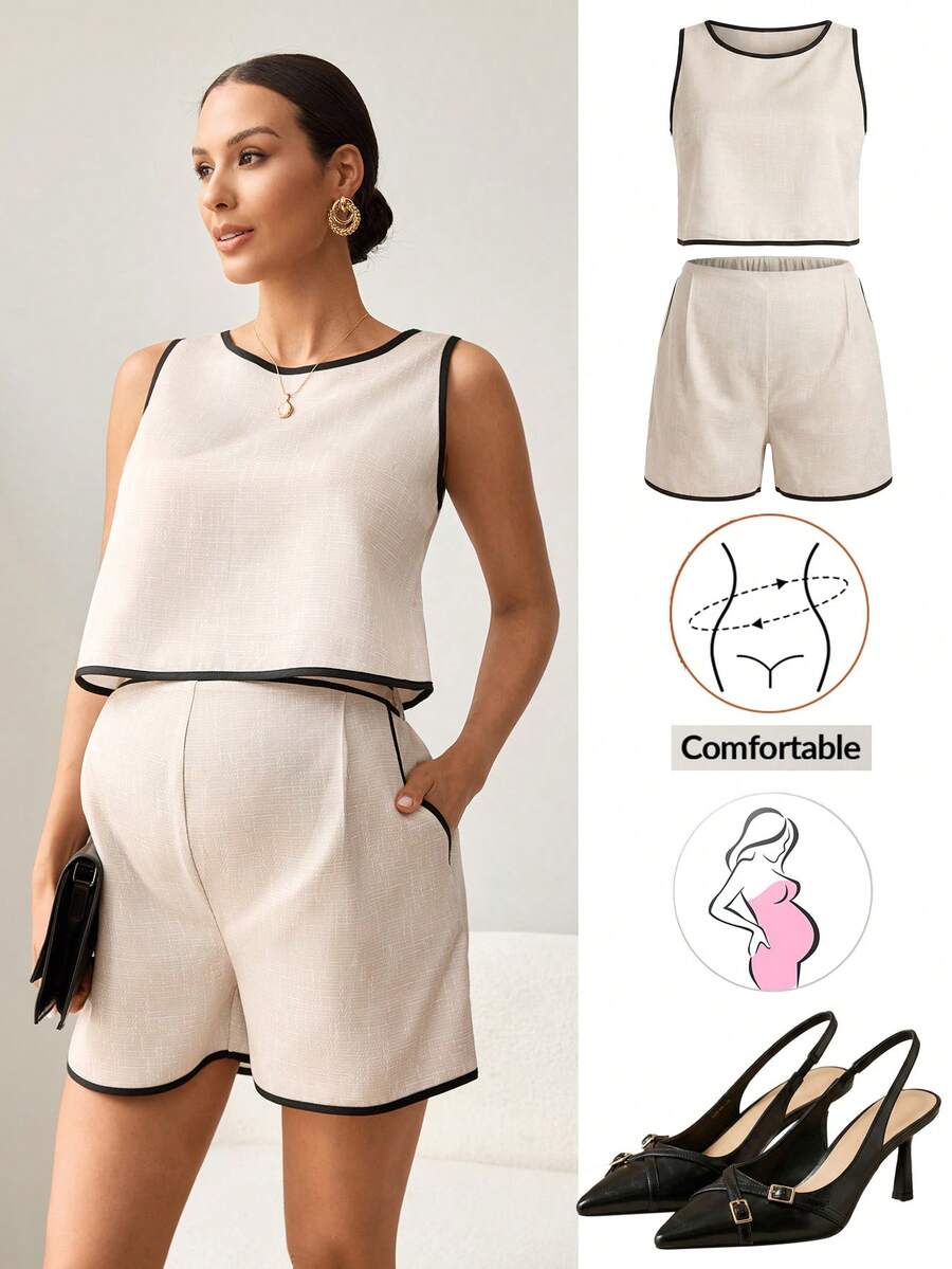 MaterniWear 2pcs Maternity Contrast Trim Round Neck Tank Top And Pocket Shorts Set,Elegant Black And White Summer Pregnant Photo Shoot,Old Money Office Outfit - Apricot - View 1