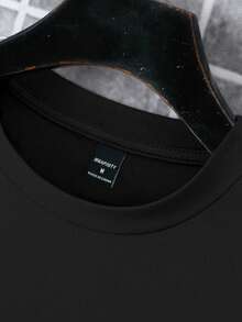 Manfinity Mode 男士休闲日常通勤字母印花撞色包边短袖T恤，夏季 - 黑色 - 查看 5