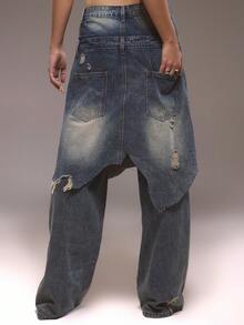 MUSERA Distressed Layered Double Skirt Detail Jeans Winter Streetwear Going Out Casual Western Born Faded - Medium Wash - View 3