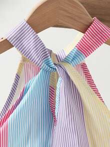 SHEIN Tween Girls' Colorful Striped Pattern Backless Bow Tie A-Line Sleeveless Casual Vacation Dress - Multicolor - View 5