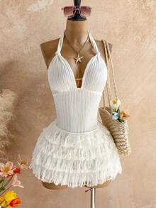 Soleia Neues strukturiertes Minikleid mit V-Ausschnitt, Bindedetail und gerüschtem Saum, bohemian, boho, romantisch floral, Urlaub, Blumenmuster für Party, Date, Valentinstag, Ostern, Karneval, Nachmittagstee, Strand, Kreuzfahrt, Städtereise - Weiss - Übersicht 1