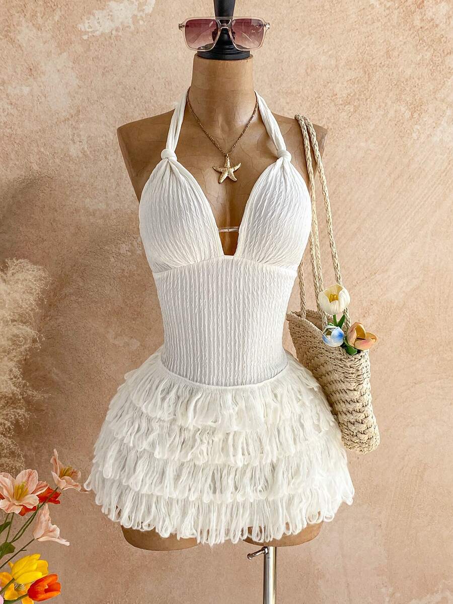 Soleia Neues strukturiertes Minikleid mit V-Ausschnitt, Bindedetail und gerüschtem Saum, bohemian, boho, romantisch floral, Urlaub, Blumenmuster für Party, Date, Valentinstag, Ostern, Karneval, Nachmittagstee, Strand, Kreuzfahrt, Städtereise - Weiss - Übersicht 1