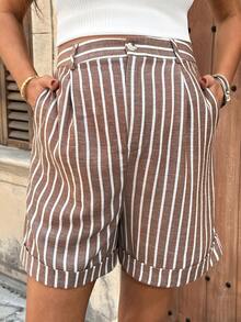 SHEIN 孕妇休闲条纹口袋褶皱宽松短裤，夏季 - 彩色 - 查看 3