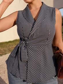 Juhart 大码女士优雅度假休闲通勤无袖系带蝴蝶结腰部交叉V领格子衬衫，春夏款 - 彩色 - 查看 7