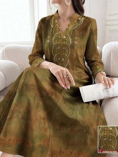 SHEIN Najma 女士复古花卉数码印花赭色优雅阿拉伯长袍，长袖，立领，春夏款