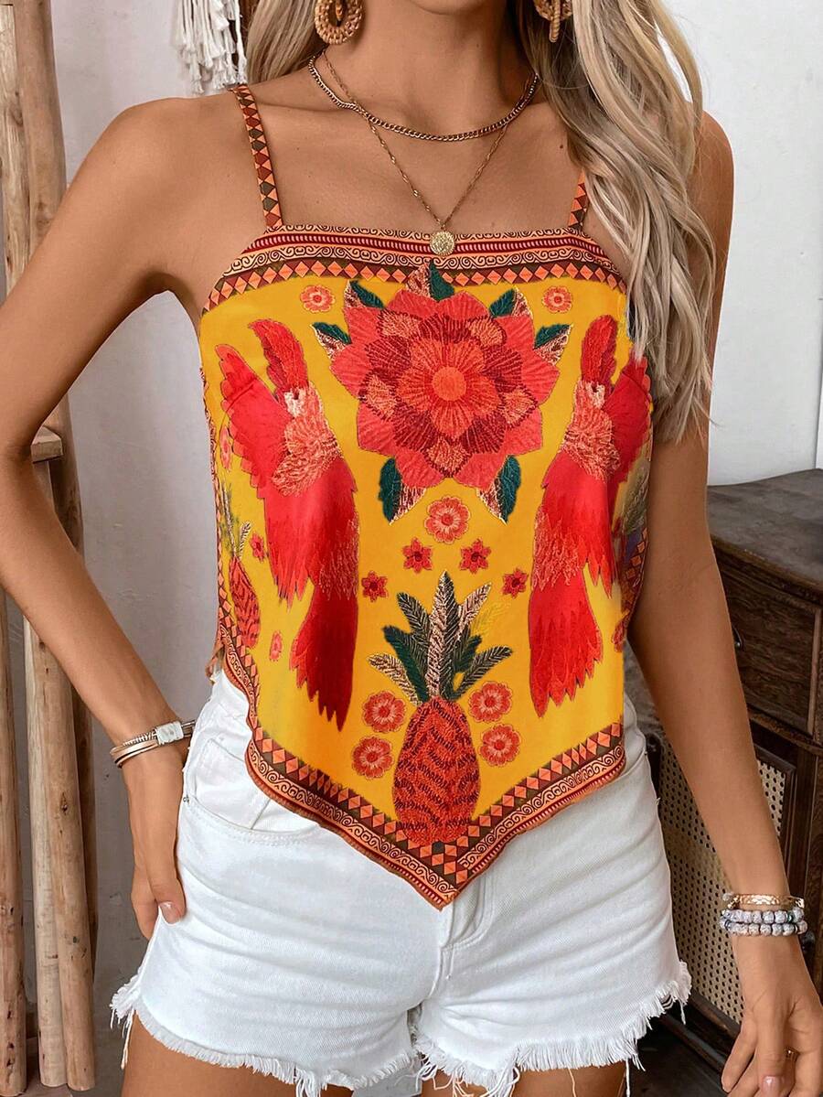 Selianne 女士休闲宽松植物印花吊带衫 - 鵝黃色 - 查看 1