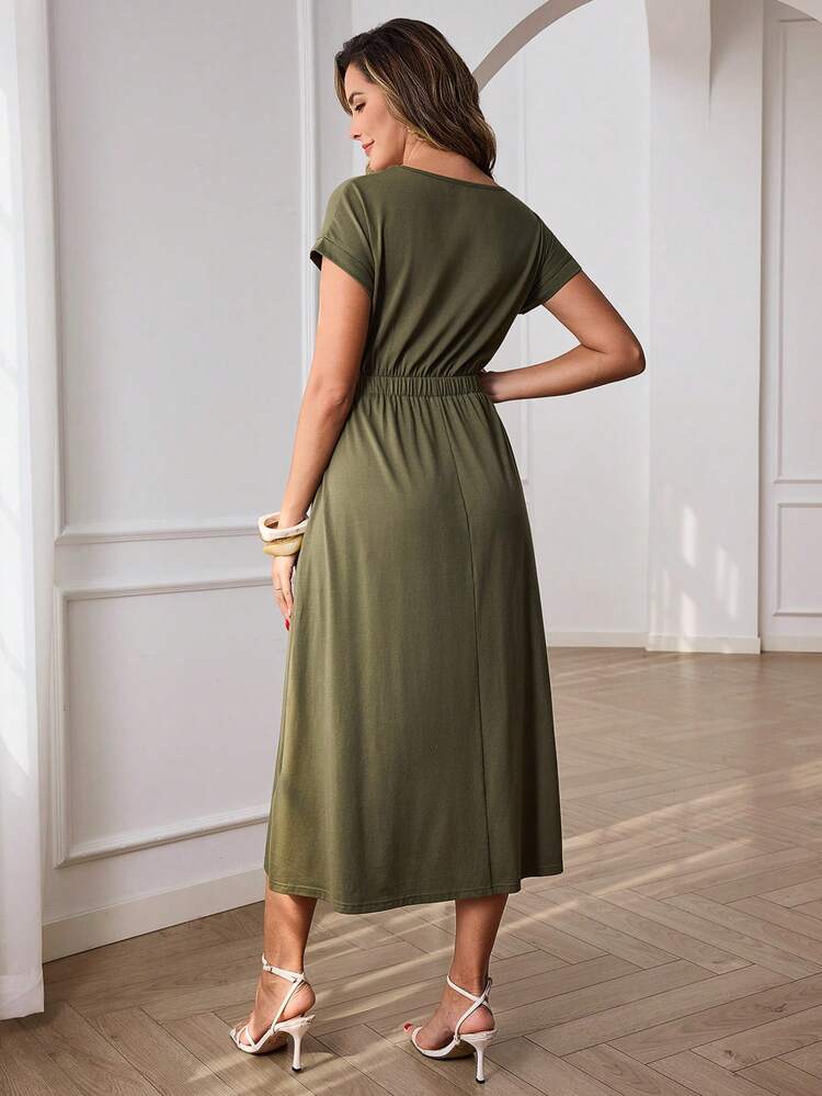 Casual Army Green 100% Cotton Midi Dress For Women Summer Spring Vacation Dress With Belted Waist And Side Pockets, Ideal For Beach Vacation Going Out Casual Daily Wear Easter And Festival Occasions