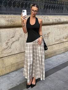 Siren Gaze 黑色/格子不对称吊带休闲沙滩度假连衣裙，女士夏季款 - 彩色 - 查看 6