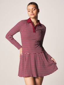 MISSGUIDED 秋冬休闲装长袖罗纹针织条纹 Polo 领迷你连衣裙，正面纽扣设计 - 紅色 - 查看 6