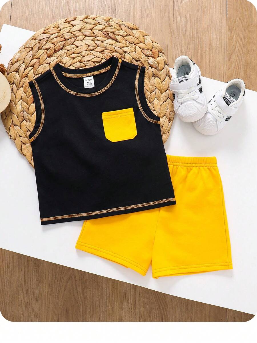 Conjunto de top sin mangas y pantalones cortos de bloques de color simple para bebé - Multicolor - Ver 1