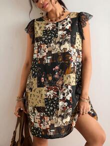 Freevana 大码夏季休闲撞色蕾丝连衣裙 女式碎花连衣裙 复古女装 乡村蕾丝波西米亚风女装 夏季度假装 海滩度假装 - 黑色 - 查看 1