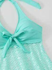 Swim Lushoire 2026 New Summer Beach Style Women Floral Lace Turquoise Mint Green Hollow Front Bow Sexy Mature Fashion Camisole Strap Bikini Two Pieces Swimsuit - Green - View 6