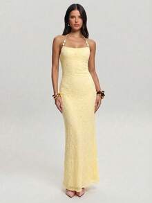 SHEIN BAE 女士休闲沙滩度假蕾丝纹理串珠装饰黄色露背连衣裙，黄色蕾丝连衣裙，适合沙滩度假、派对、约会，黄色长裙，优雅黄色蕾丝连衣裙 - 黃色 - 查看 1