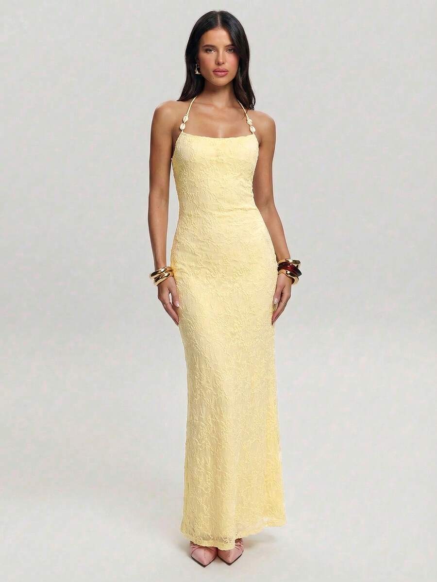 SHEIN BAE 女士休闲沙滩度假蕾丝纹理串珠装饰黄色露背连衣裙，黄色蕾丝连衣裙，适合沙滩度假、派对、约会，黄色长裙，优雅黄色蕾丝连衣裙 - 黃色 - 查看 1