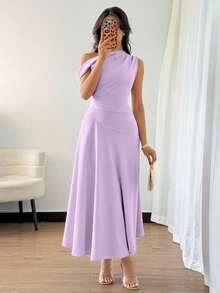 Elenzga Women's Elegant Chiffon Asymmetric Ruffle Collar Dress, Fashionable And Graceful For Summer Occasions Like Graduation, Independence Day, Date, Vacation - Purple - View 4