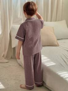DAZY 男童格子单排扣短袖上衣和阔腿裤睡衣套装 - 棕色 - 查看 5