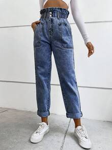 Flexra 女士休闲弹力腰纸袋腰斜插口袋修身牛仔裤 - 深色水洗藍 - 查看 5