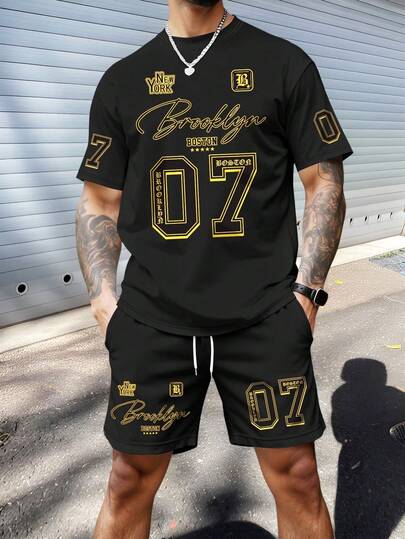 Aesthetic Post 男士字母数字印花圆领短袖T恤和口袋短裤休闲套装