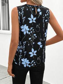 SHEIN Clasi Blusa negra de mujer con cuello redondo, plisada, sin mangas y estampado floral, elegante para uso diario, primavera/verano - Negro - Ver 2