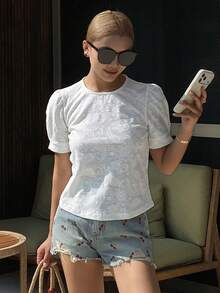 Livesso Women's Loose Fit T-Shirt With Textured White Puff Sleeves, Summer - White - View 3