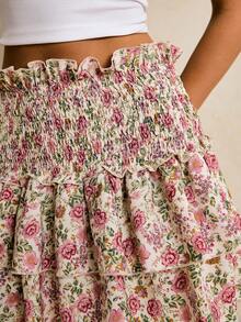 Poéselle Women's Summer Vacation Floral Print Paper Bag Waist Layered Ruffle Hem Skirt - Multicolor - View 4