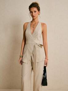 Poéselle 女士条纹印花露背无袖上衣和长裤优雅套装 - 杏色 - 查看 6