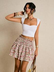 Poéselle Women's Summer Vacation Floral Print Paper Bag Waist Layered Ruffle Hem Skirt - Multicolor - View 8