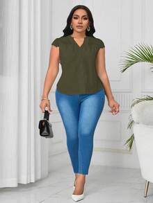 SHEIN Clasi Plus Size Contrast Lace V-Neck Textured Fabric Blouse - Army Green - View 6
