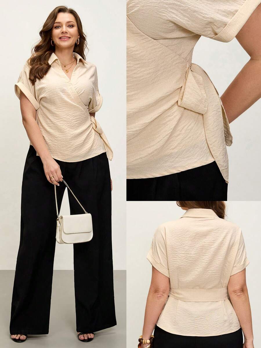 Comfylo Plus Size Simple Versatile Wrap Tie Casual Short Sleeve Shirt Carnival Party Luxury Valentine's Day, Summer Tops - Khaki - View 1