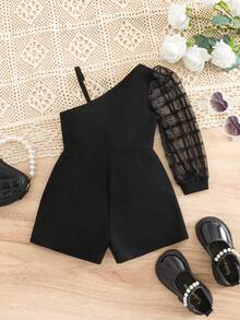 SHEIN Babygirl Cute Street Style Black Plaid Mesh Patchwork Romper - Black - View 2
