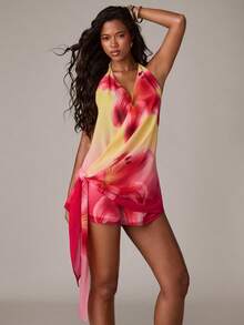 SHEIN BAE 女士春夏吊带露背交叉深V系带迷你连衣裙，适合海滩、度假、休闲场合，黄色迷你连衣裙 - 黃色 - 查看 5