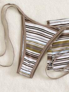 3件套女士挂脖条纹系带吊带背心式泳衣套装，含平角泳裤，沙滩度假比基尼，春夏款 - 彩色 - 查看 5