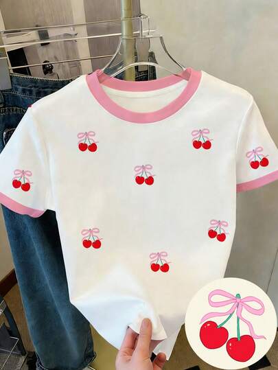 White, Vintage Cherry Print, Tween Girl Casual Fitted Round Neck Short Sleeve T-Shirt, Suitable For Spring/Summer Daily, Festival, Outing, Spring & Summer Outfits For Easy Comfort, Stylish Girls, Casual Wear, Kids Sweet Heart Graphic Tee, New Style, Homecoming, Chill Vibe Outfits, Back To School, Girly Style