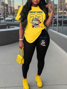 Maweii Women's Casual Everyday Commute Funny Cartoon Letter Print Short Sleeve T-Shirt And Long Pants 2-Piece Set, Spring/Summer/Autumn - Multicolor - View 1