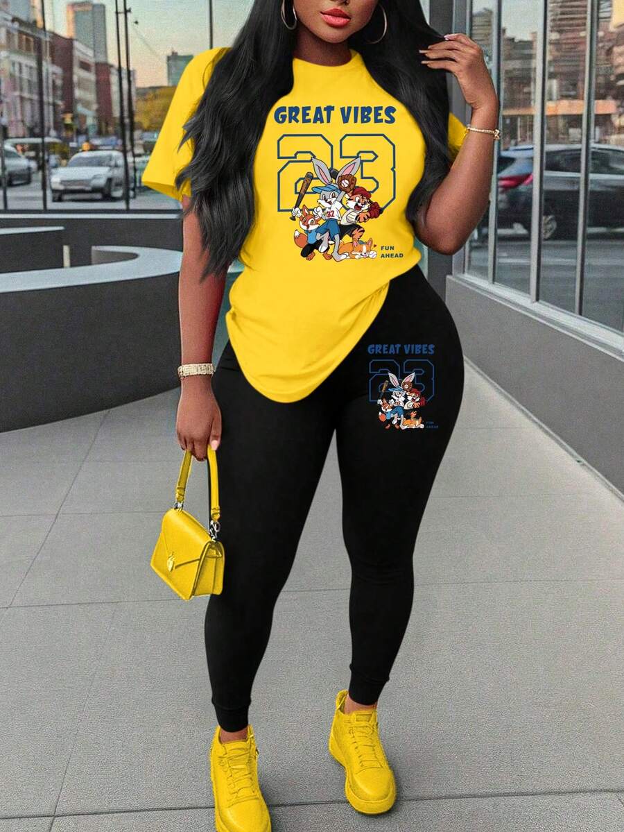 Maweii Women's Casual Everyday Commute Funny Cartoon Letter Print Short Sleeve T-Shirt And Long Pants 2-Piece Set, Spring/Summer/Autumn - Multicolor - View 1