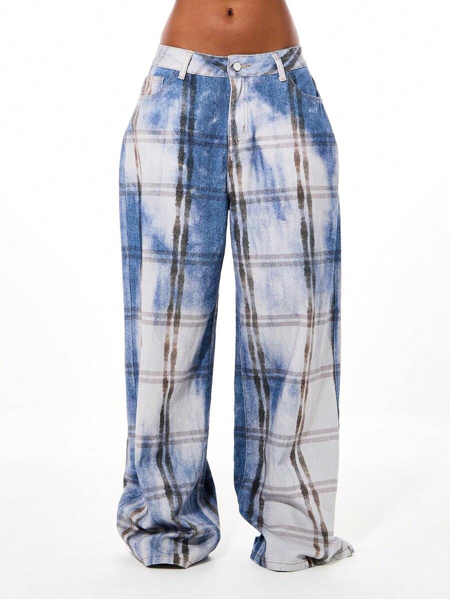 SUMWON WOMEN Denim Check Plaid Print Slouchy Wide Leg High Rise Jeans With Relaxed Fit Casual Baggy Pants Fall Winter Style - Multicolor - View 1