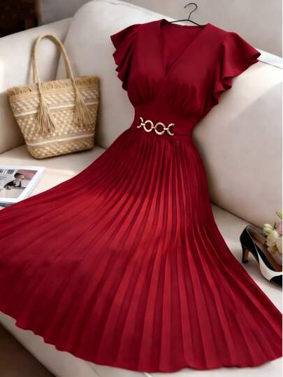 Elenzga New V-Neck Ruffle Sleeve Woven Solid Color Metal Decor Pleated Design Elegant Young Party Cocktail Holiday Maxi Dress For Women