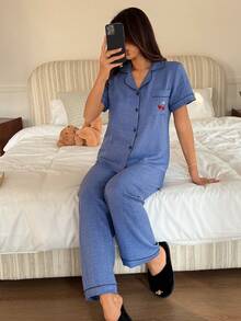 SHEIN Napfluff Women's Blue Pocket Cherry Embroidery Collar Short Sleeve Pajama Set - Navy Blue - View 4