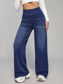 Flexra Petite 女式高腰口袋阔腿宽松休闲牛仔裤 - 深色水洗藍 - 查看 6