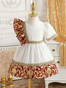 Baby Girls' Summer White & Green Vintage Palace Style Floral Patchwork Asymmetric Sleeve Dress, Suitable For Outings, Photo Shoots, And Parties Baby Party Wear Baby Girl Dress Burgundy Baby Girl Dress - Red - View 3