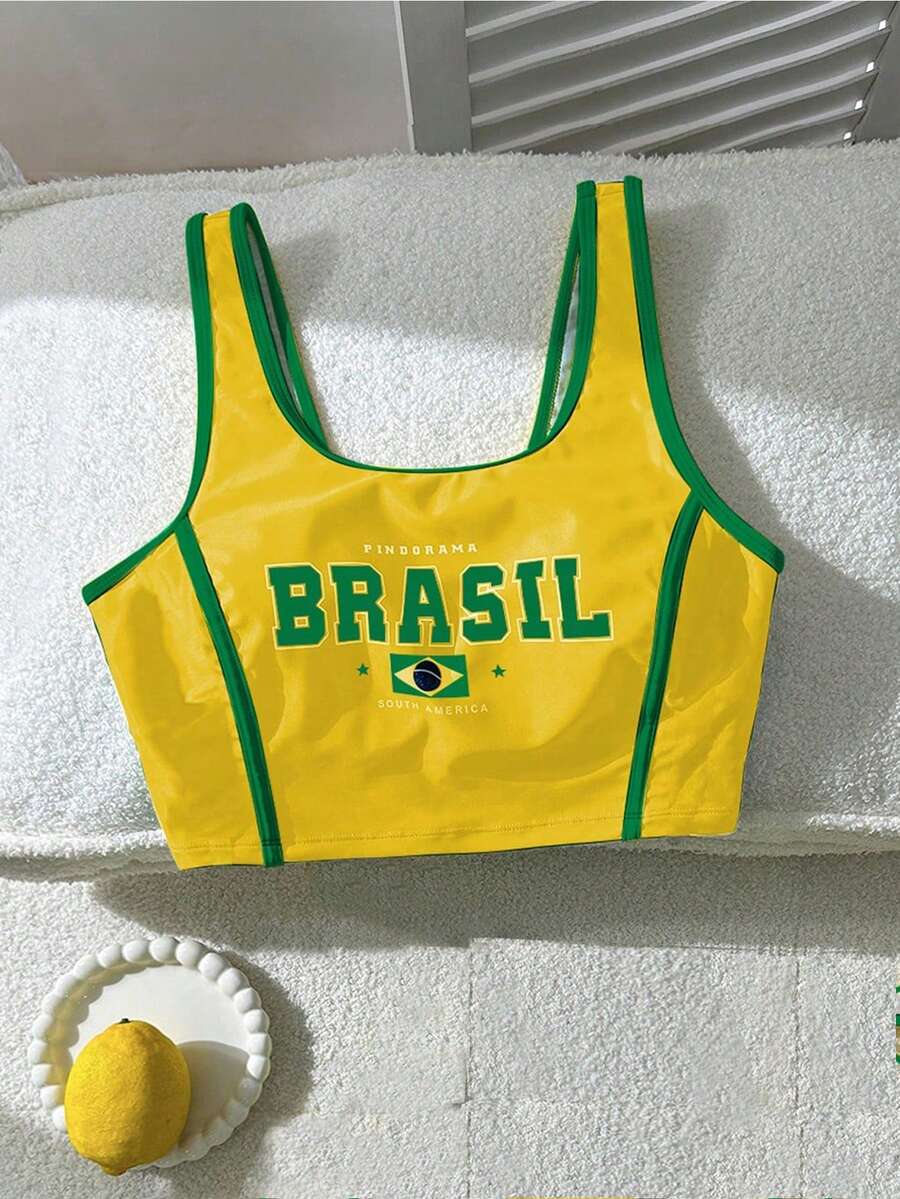 Swim Vcay 女士夏季沙滩休闲度假巴西字母印花泳衣上衣 - 黃色 - 查看 1