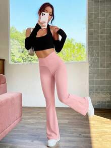 SHEIN EZwear 女士休闲高腰喇叭粉色长裤，春夏款 - 粉色 - 查看 5