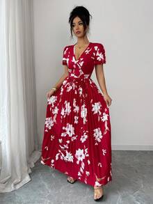 Rafferiza Red Floral,Summer,Elegant,Tea Party V-Neck Puff Sleeve Elastic Waist Ruched Maxi Dress For Women,Fashionable Beach Vacation Casual Long Floral Dress - Red - View 4