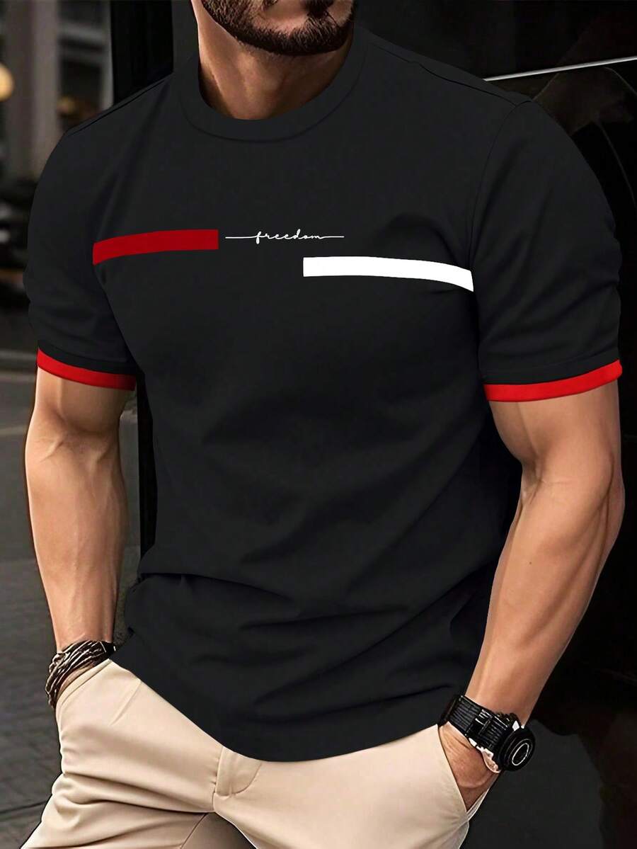 Manfinity Mode 男士休闲日常通勤字母印花撞色包边短袖T恤，夏季 - 黑色 - 查看 1