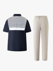 三件套男童绅士套装，夏季新款休闲短袖衬衫+条纹披肩+休闲裤，撞色搭配设计，优雅精致，适合日常穿着、外出、通勤、用餐、聚会、招待、舞台表演、婚礼、毕业典礼等场合。 - 彩色 - 查看 2