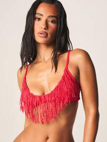 MISSGUIDED Fringe Triangle Bikini Top With Tassel Detail Spaghetti Strap Swimwear For Beach Summer Vacation Pool Party - Red - View 1