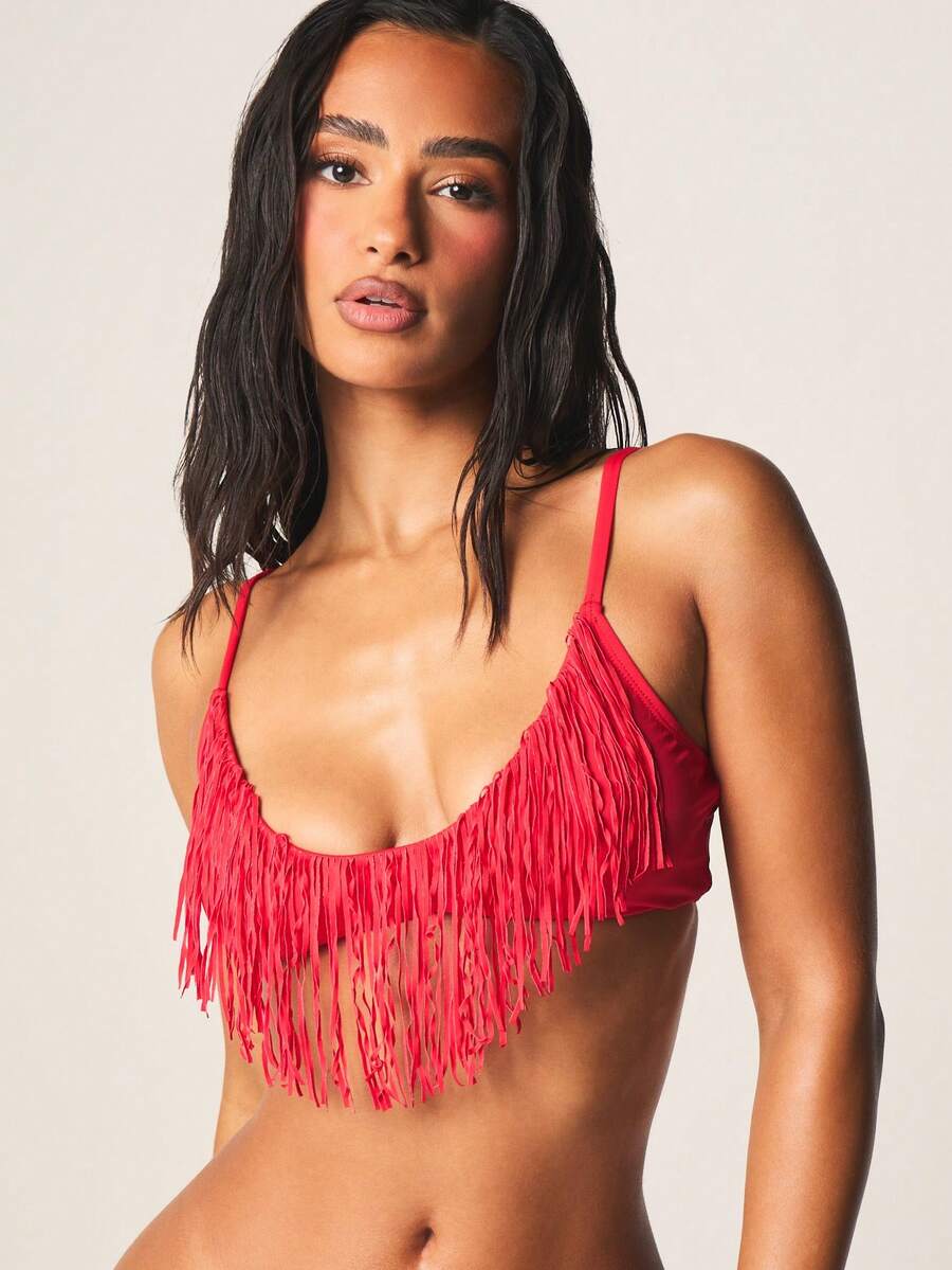MISSGUIDED Fringe Triangle Bikini Top With Tassel Detail Spaghetti Strap Swimwear For Beach Summer Vacation Pool Party - Red - View 1