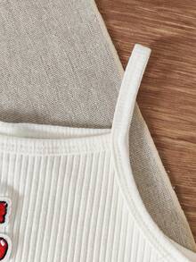 Genkimix Kids 2件組少女夏季甜美背心套裝，櫻桃刺繡羅紋上衣與雙層刺繡櫻桃牛仔裙褲，日常休閒度假穿搭 - 白色 - 查看 5