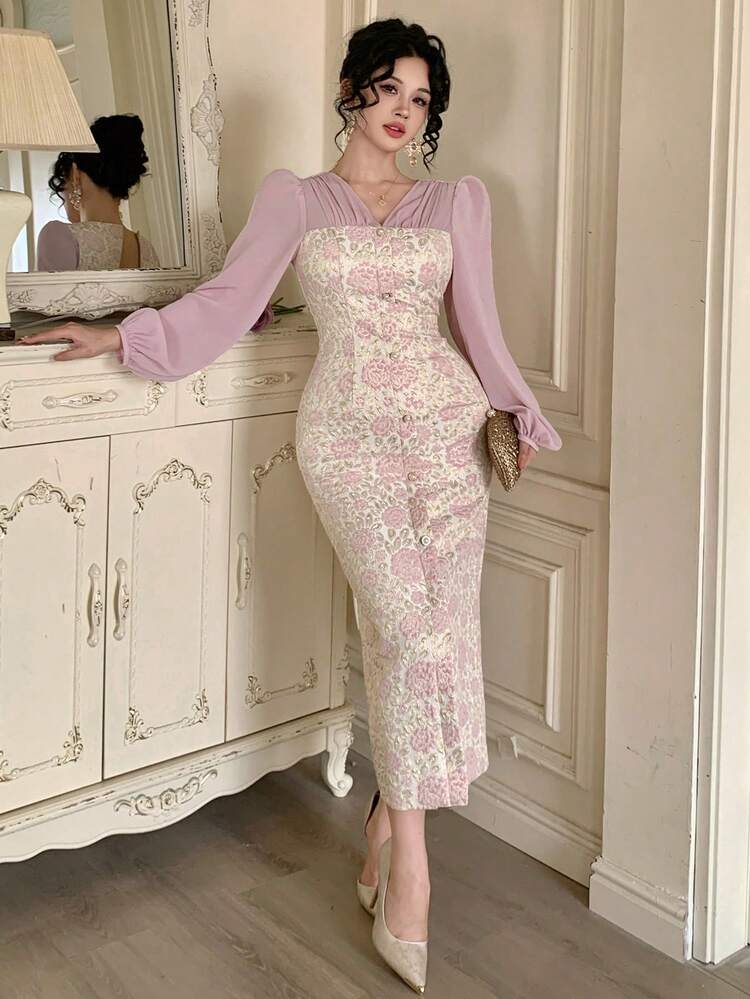 Spring/Summer Pink Chiffon Dress, Floral All-Over Print, 2 In 1, Sparkly, Suitable For Valentine's Day, Wedding, Party, Formal Occasion, Fashion, Elegant, Waist-Cinched, Mermaid Hem, Long Sleeve, Mid-Length Dress For Women Maxi Dress Sundress