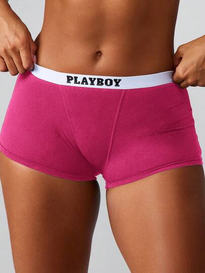 Missguided x Playboy 女士平角短裤，带品牌腰带和中缝，亮粉色内裤